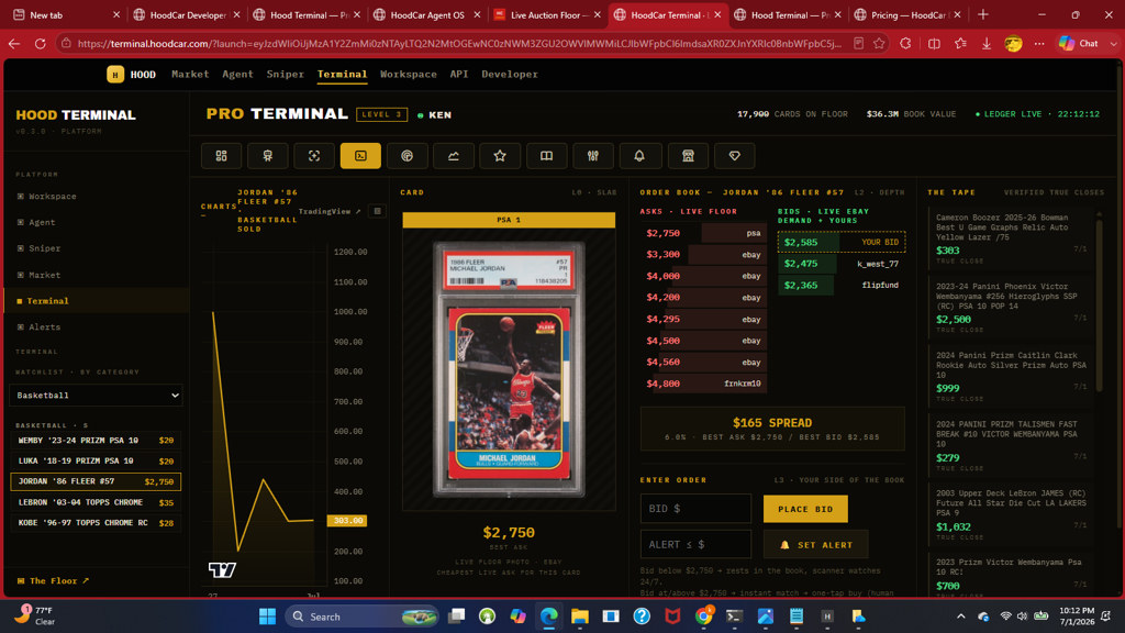Hood Terminal Level 3 — Wembanyama Prizm PSA 10 order book and verified tape
